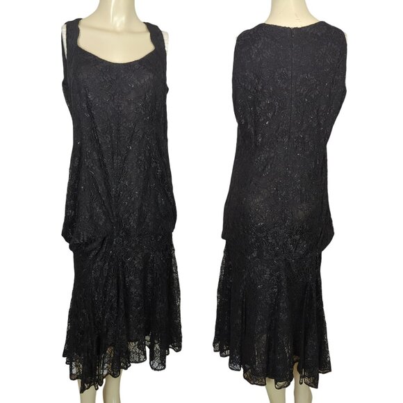 Vintage Damianou Black Lace Dress Sz L Drop Waist Sleeveless Cocktail Evening - Picture 1 of 16